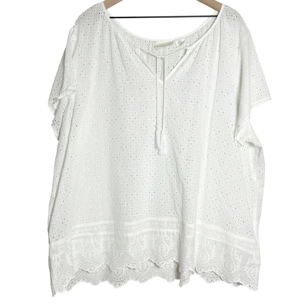 Cynthia Rowley Womens Eyelet Top 3X‎ White Cotton Tassels Floral Blouse Boho